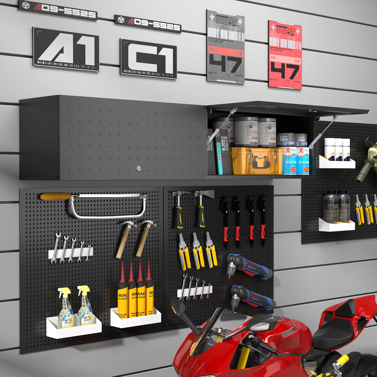 【 DealsforYouDays 】Floating Wall Mount Upper Storage Cabinet 20 Inch Lockable Steel Cabinet Flip Door Adjustable Shelving for Home Garage Basement Workshop Construction Tool Organizer cabinet campingessentials