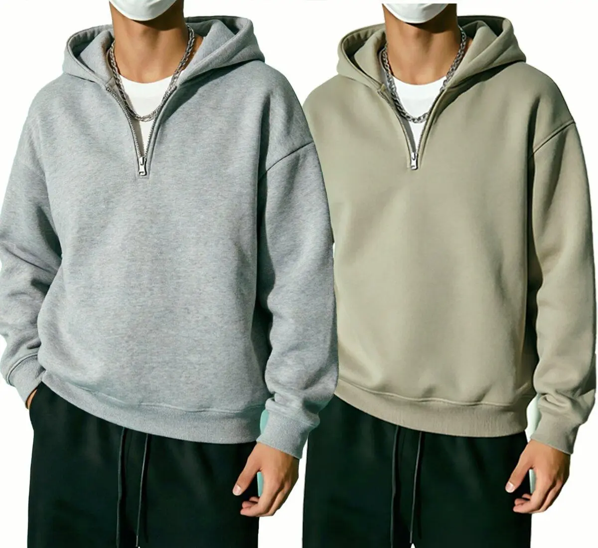 Men's Casual Half-Zip Hooded Sweatshirt, Soft Long Sleeve Loose Drop-Shoulder Pullover for Daily Commuting and Street Style, Tops, Black And Green Colored Men's Hoodies, Zip Up Hoodie, Drop Shoulders, Loose-Fit, Fabric, Casual Ootd, 1/4 Zip Pullover Men's