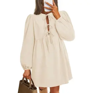 Women's Dress Fall Long Puff Sleeve Self Tie Front Babydoll A Line Pleated Cute Mini Tunic Dresses 2026 Can be used with raincoat