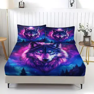 Cool wolf print pattern bed sheet, comfortable print pattern, including 1 bed sheet and 2 pillowcases, comfortable bedding, anti slip dust cover suitable for bedrooms and guest rooms, suitable for adult gifts