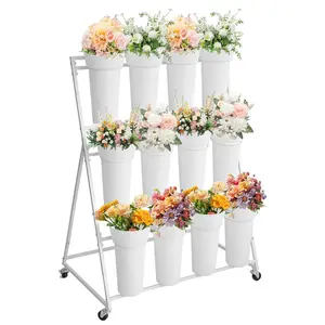 Flower Display Stand,3 Tier Flower Cart with 12 Round Buckets and Wheels, Moving Flower Cart Display Stand for Garden, Wedding, Flower Shop,White