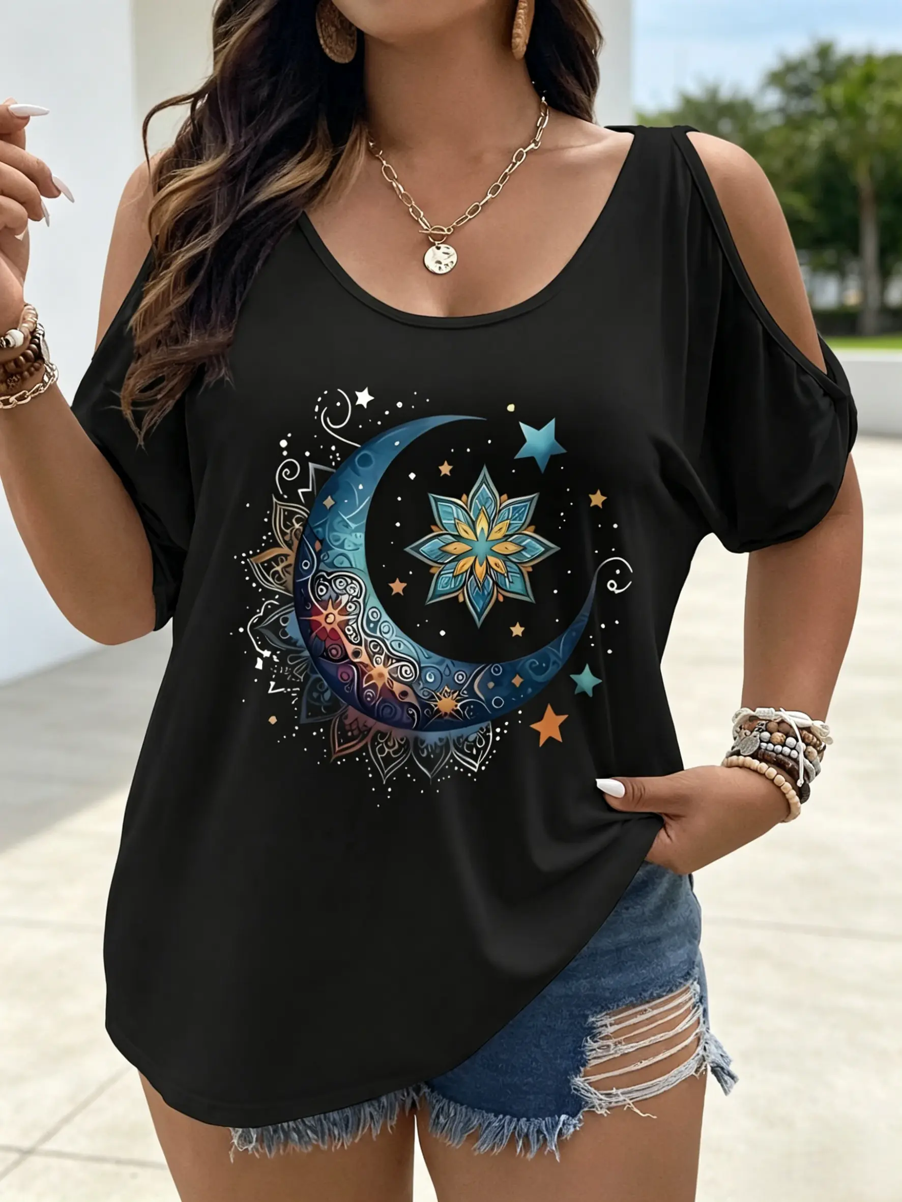 Plus Size, Star and Moon Flower Print Fashion Trend Oversized Women' S Tops Irregular- Sized, Cold Shoulder Elegant Strapless T- Shirt Casual , Give a Wonderful Gift to a Friend, Daily Outfit, Versatile and Fashionable Christmas women tshirt retro Polyest
