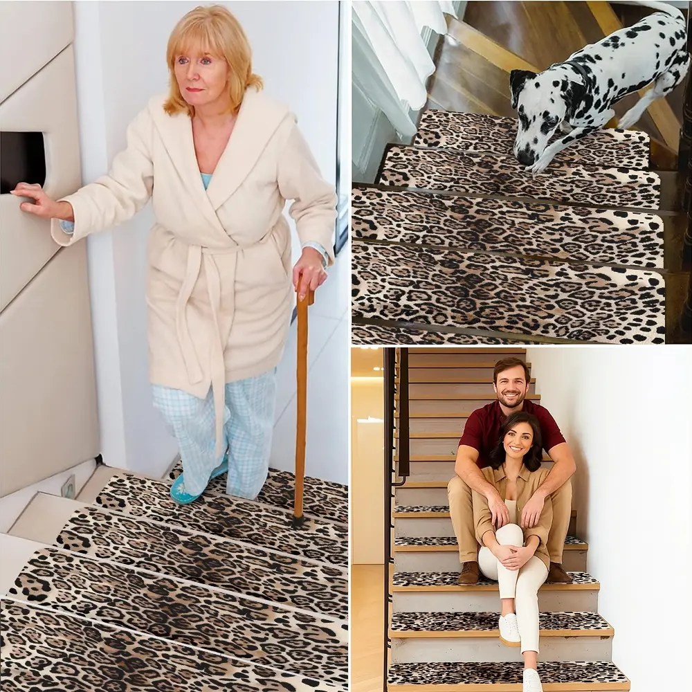 1pc/10pcs indoor safety stair non-slip mat, Non slip rugs, Non Slip Mats, with Leopard Print Rug design, reusable, rubber backing for low stair treads, self-adhesive, customizable size, suitable for various surfaces such as wooden or hard countertops