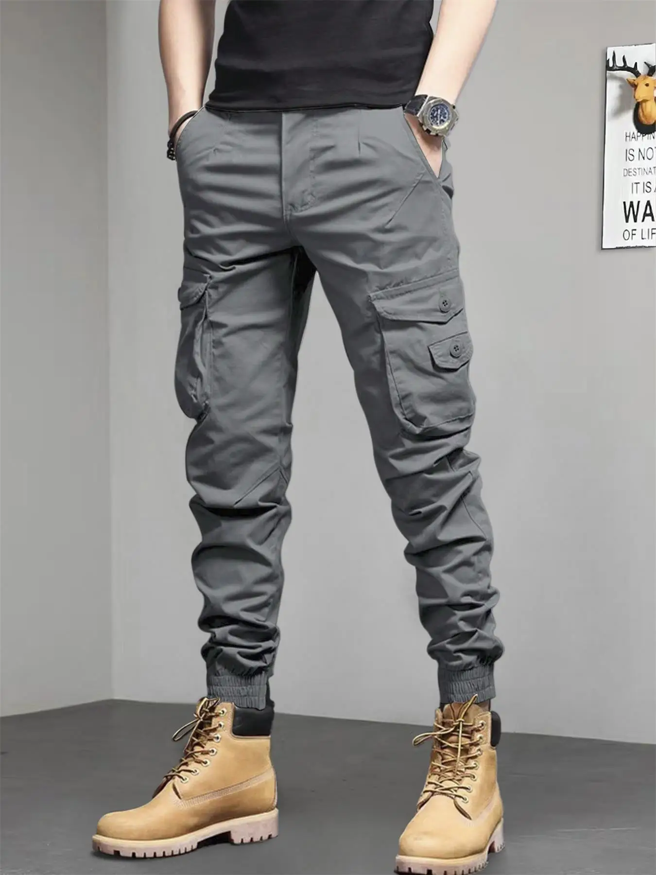 Men's Solid Pocket Cargo Pants, Loose Casual Drawstring Waist Trousers for Men, Woven Bottoms for All Seasons