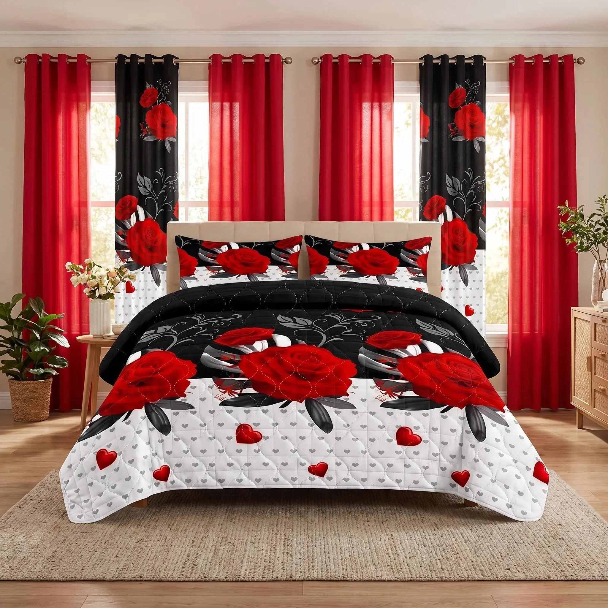 Reylox 9-Piece Luxury Roses Patterned Decorative Bedding Set - Super Soft Microfiber Duvet Cover with Bedspread, Curtain, Gift Bag - Soft Bedding Sets for Farmhouse Bedroom - Queen, King Sizes - Christmas, Valentine Themes