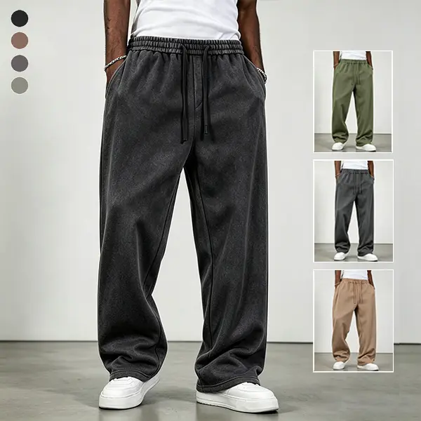 Men’s solid-color sweatpants, loose fit, acid wash/washable finish, distressed fabric, street style, minimalist design, elastic waistband, casual long pants for spring and autumn city commuting, with pockets. Menswear Flared Stylish