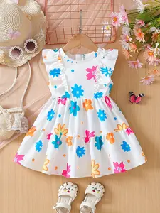 Girl's dress, cute summer dress, Midi length, fresh and colorful floral style, princess dress with flutter sleeves, full print of vibrant flowers, perfect for the back-to-school season, suitable for daily wear at home, summer outing