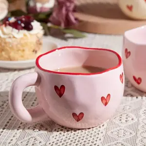 Heart Pattern Ceramic Heart Shape Mug, 1 Count 7.4oz Coffee Mug, Tea & Milk Mug, Sweet Camping Cup, Ideal Gift for Home & Office, Drinkware