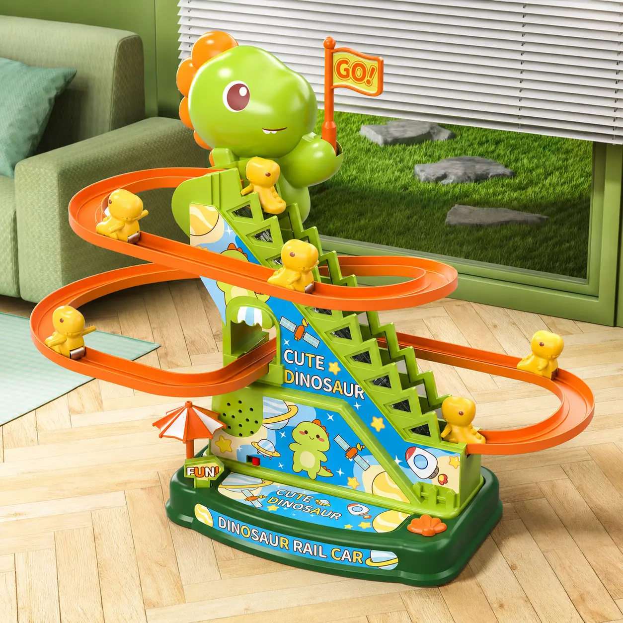 Electric dinosaur climbing track toy for indoor desktop use, suitable for adults and children, Complete set includes 6 dedicated climbing track cars, interactive dinosaur chase roller coaster game, Stable loop track with automatic stair-climbing mechanica