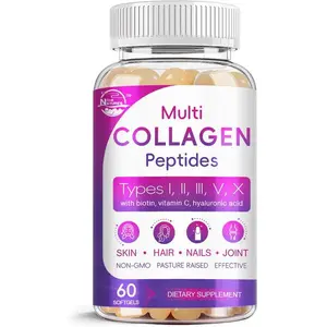 Multi Collagen Peptides Softgels – Types I, II, III, V & X – Hydrolyzed Collagen with Biotin, Vitamin C & Hyaluronic Acid – Supports Skin, Hair & Nails – Grass-Fed, Non-GMO – 60 Softgels