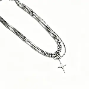 Double Layer Cuban Thin Chain North Star Silver Necklace Stainless Steel Secure Clasp | Street Accessory for Concert, Daily & Night Hip Hop Outfits! Necklace Punk