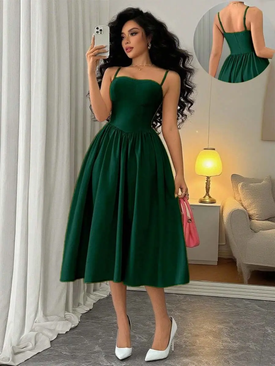 Fashionable Versatile Date Party Spaghetti Strap Waist Flared Dress For Women, Autumn/Winter