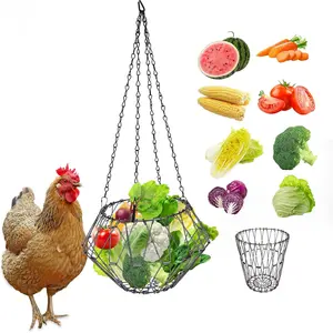 Hanging Chicken Feeder Accessories, Foldable 6.5Inch Large Poultry Vegetable Fruits Feeder Basket with 4 count Hanging Chain, Veggie  Ball Boredom Toys for Chicken/Hens/Duck/Rabbits' Coop