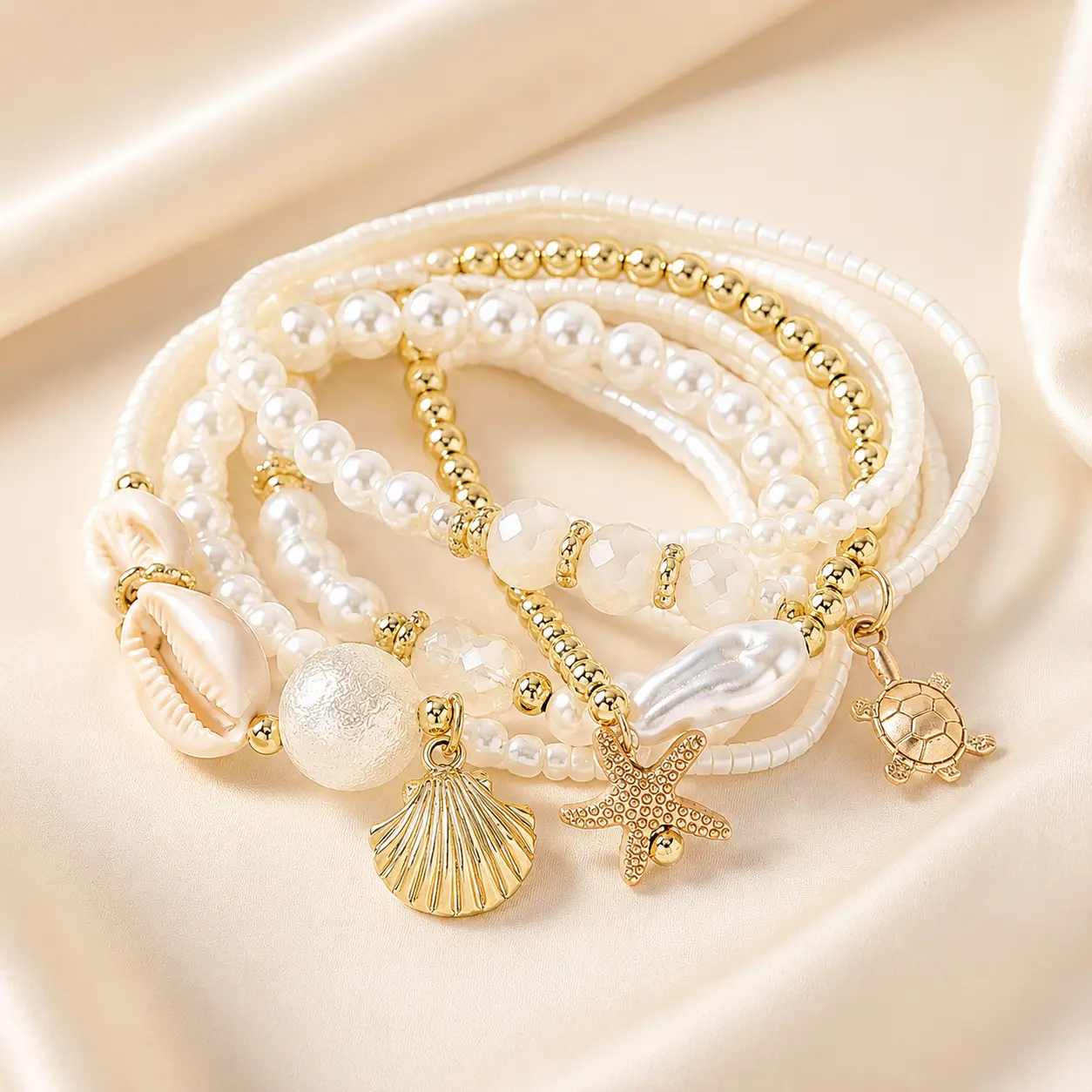 Multi-strand Statement Accessory for Women, Beaded Shell Pearl Wristwear, Lightweight Stretch-fit Fashion for Girl, Beach, Youth, Feminine, Comfortable, Daily Wear Jewelry, Bracelet, 1 Set, Gold, Bohemian, Casual Accessories, Elastic Bracelets, Beaded Bra