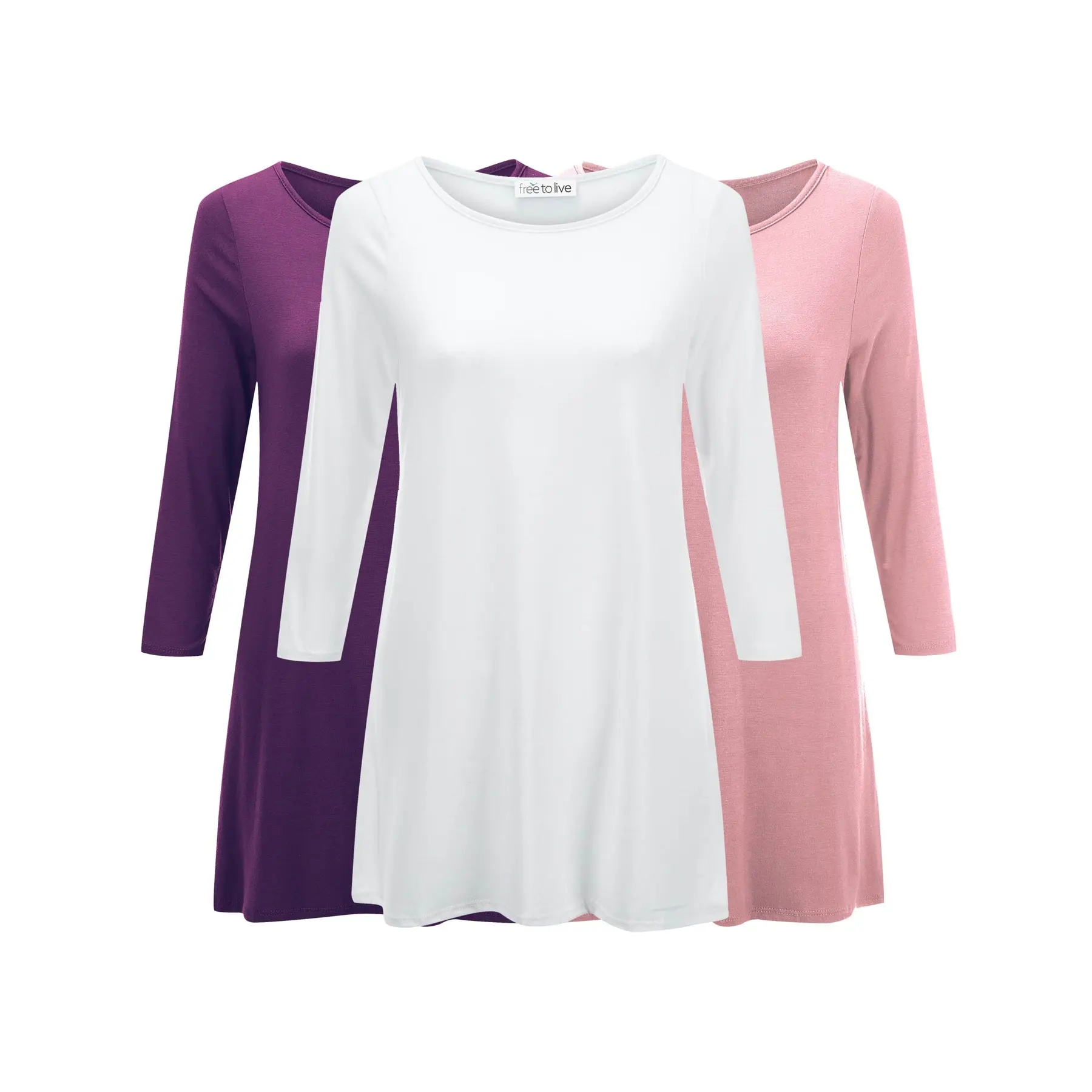 Loose Fit Elbow Sleeve Tunics (3 Pack: Purple, Rose, White)