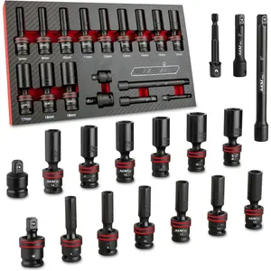 3/8" Drive Universal  Socket Set, 17 count Deep Swivel Socket Set, Wobble Sockets, Flexible, 6-Point, Metric, 8-19mm, Cr-Mo with 3" 6" Extension Bars and Adapter