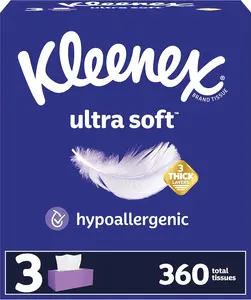 Ultra Soft Facial Tissues, 3 Flat Boxes, 120 Tissues per Box, 3-Ply (360 Total Tissues), Packaging May Vary