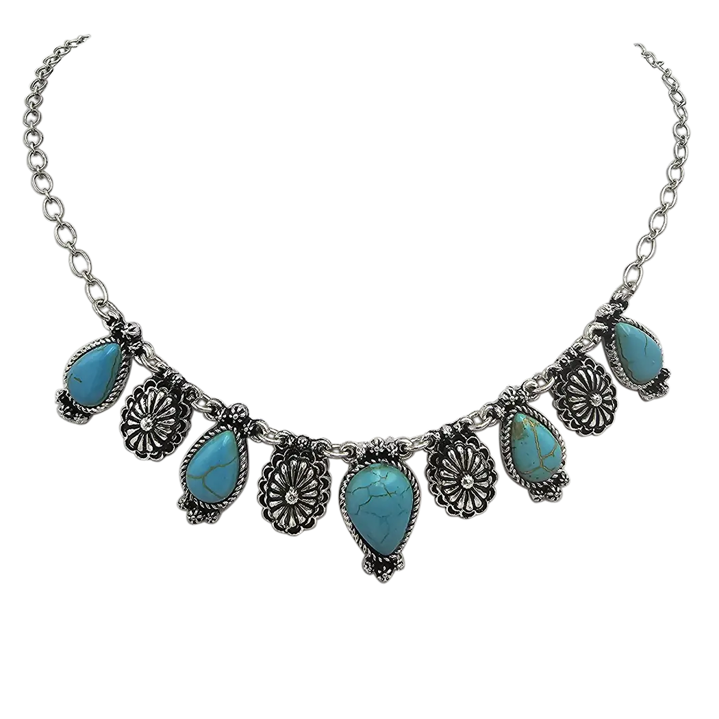 Western Chic Petite Natural Teardrop Turquoise Howlite And Conchos Strand Collar Necklace, 16"+3" Extension