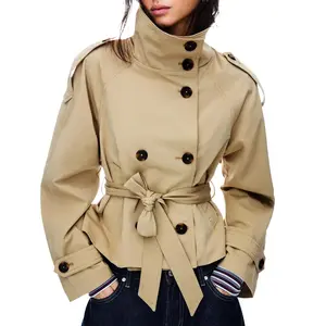 Hixiaohe Women's Short Trench Coat Double-Breasted High-Neck Fall/Winter Jacket Stylish Lace-Up Outfit for Womenswear Tops