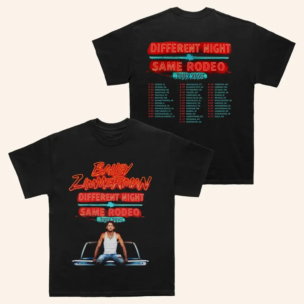 2-sided Bailey Zimmerman Merch Different Night Same Rodeo 2026 Tour Black T-Shirt Gift For Music Fans HFN