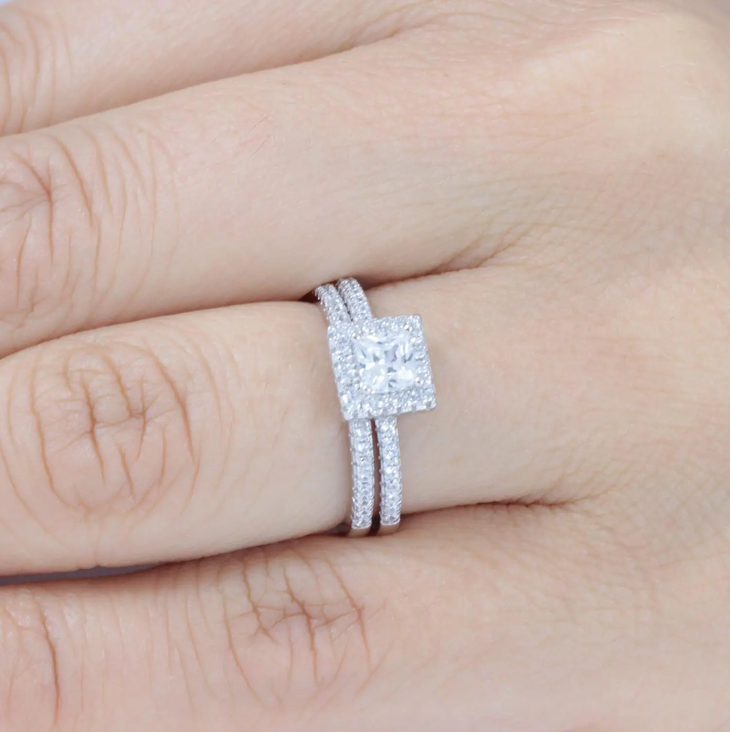 Janefashions 925 Sterling Silver Princess Cut Halo Wedding Band CZ Engagement Ring Set Bridal Travel Diamond Simulant Ring Set Size 2.5-15 ML177