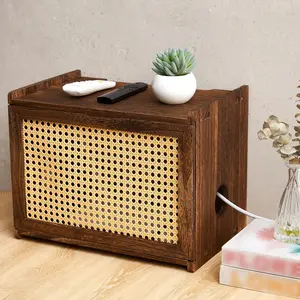 Wooden  Router Box Hider,  Router Storage Box with Synthetic Rattan Decor, Modem  Cover Organized, Power Strip  Hider Rack(Dark  Color,16 x 10.4 x 12 Inches)