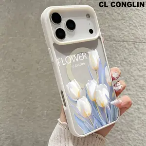 White lilies Pattern Magnetic MagSafe Phone Case for iPhone 17 Air/16 Pro Max 15 Pro 14 13 12 11 Plus Lightweight Shockproof Slim Protective Cover Supports Wireless Charging, Anti-Yellowing, TPU & Acrylic Mobile phone case