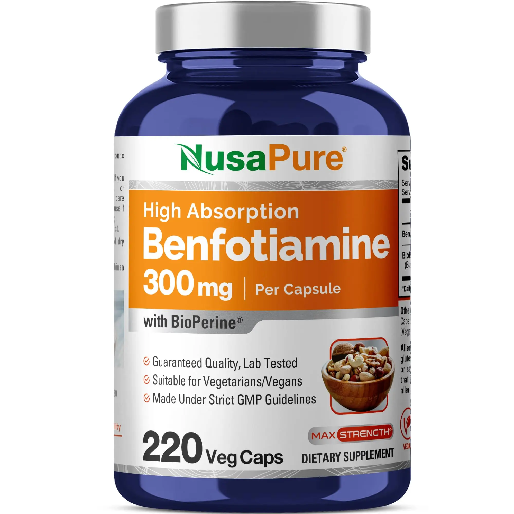 NusaPure Benfotiamine High-Absorption B1 Dietary Supplement Capsules - 300mg Per Cap, 220 Count, Non-GMO, Vegan/Vegetarian, Bioperine, Bioavailable, Supports Body & Brain Health, Diabetes Support