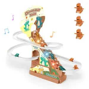 Dinosaur Climbing Slide Music Toy, Dinosaur Chasing Race Track, Electric Dinosaur Roller Coaster with Light and Music Electric Race Track Game Fun Track Slide