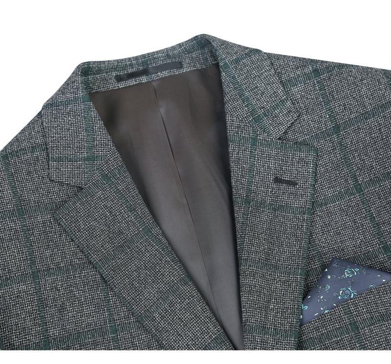 Mens Two Button Classic Fit Wool Sport Coat Blazer in Brown & Olive Gren Windowpane Plaid