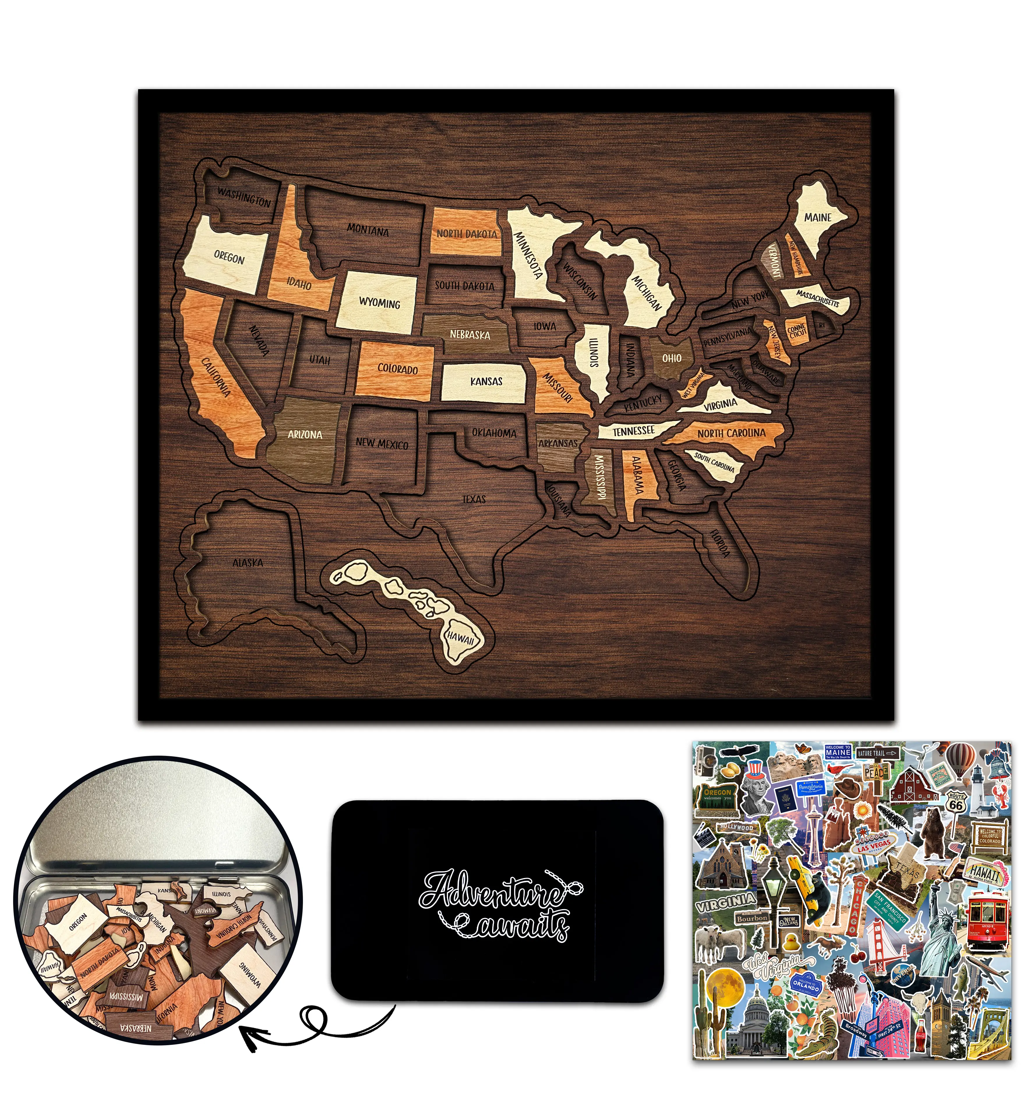 Flinelife Wooden USA Travel Map Puzzle 13x11" - Vintage Room Decor & Wall Decor, Funky Whimsical Home Decor, Boujee Home Accessories, Oddities Room Decorations Gift