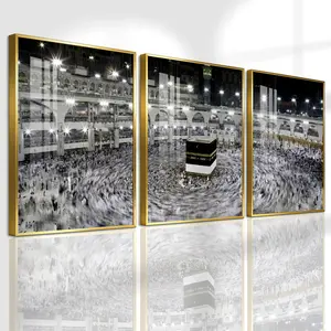 3 Count Aluminum Alloy Frame Canvas, Kaaba Architecture Night Scene, Fashion Poster, Wall Decoration, Modern Art, Suitable For Living Room, Bedroom, Kitchen, Home Office, Cafe, Bar, Dormitory, Corridor, Family Decor, Gift