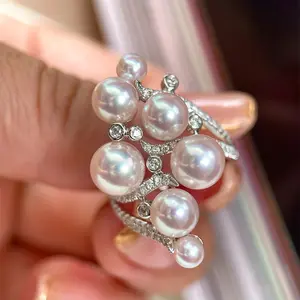 Two For One!!!Adjustable opening ring Personalized winding diamond-set pearl ring light luxury high-end design ring