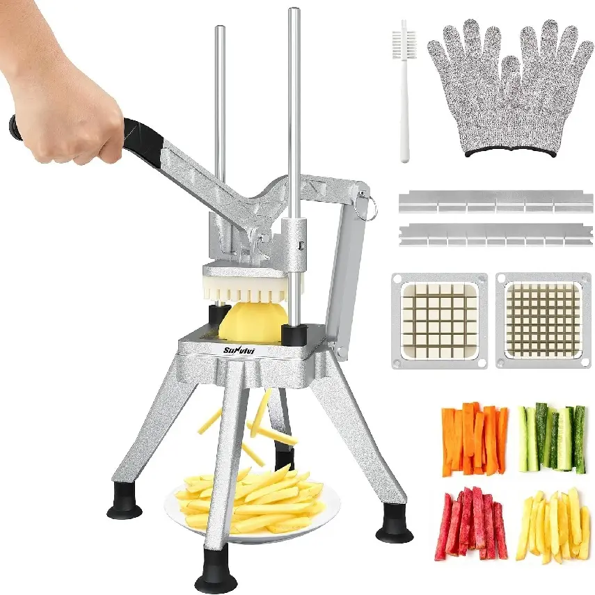 Heavy-Duty Manual Operation Potato Chipper Utensils, Commercial French Fry Cutter with 2 Replaceable Stainless Steel Blades (3/8-Inch & 1/2-Inch Cuts), Countertop Vegetable Cutter for Home&Work Use