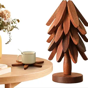 Natural Tree Trivet Set - 4 Wooden Trivets & 1 Stand - Heat-Resistant Foldable Design - Durable & High-Quality Solid Wood - Ideal for Hot Dishes, Pots, Bowls, Teapots - Kitchenware & Tableware Coasters Coffee Table Mat