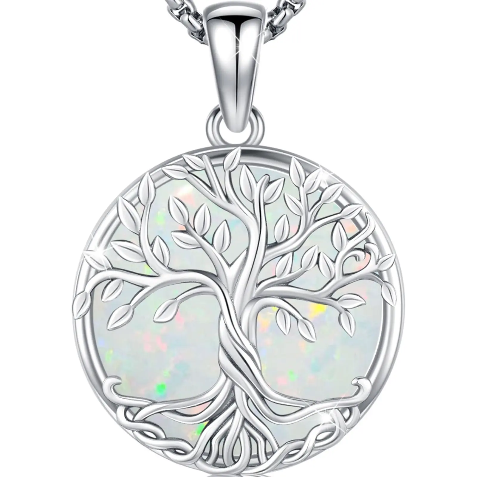 DRINSPER S925 Sterling Silver Tree of Life Necklace, White Opal Yggdrasil Spiritual Pendant, Norse Mythology Viking Jewelry Gift, Necklace Gift, Pendants Necklaces