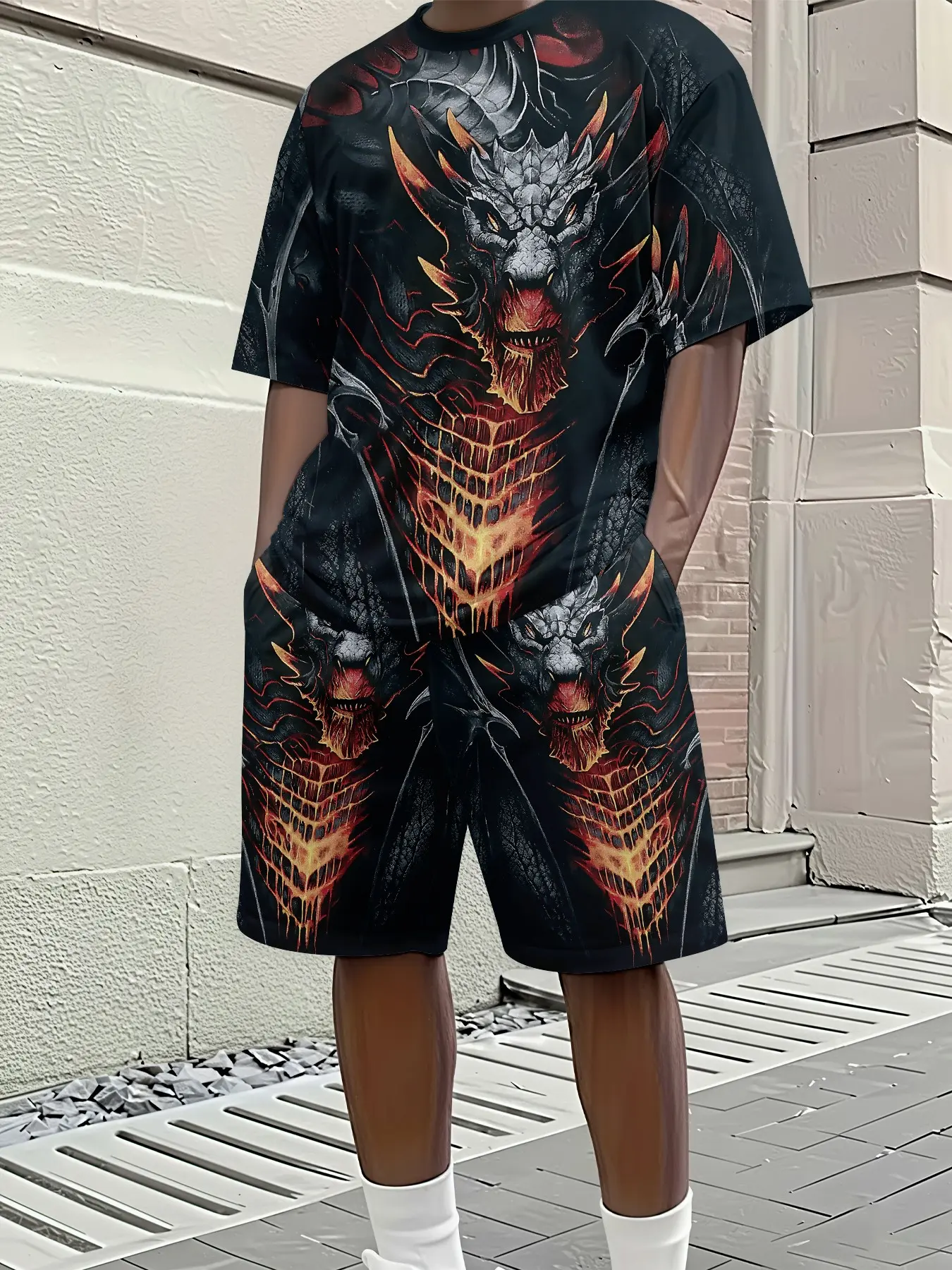 Domineering mythical dark dragon men's 3D digital print two-piece set, 2Pcs, trendy fashion suit, trendy retro casual two-piece set, vacation-style trendy outfit, breathable sports casual style, perfect holiday gift for men