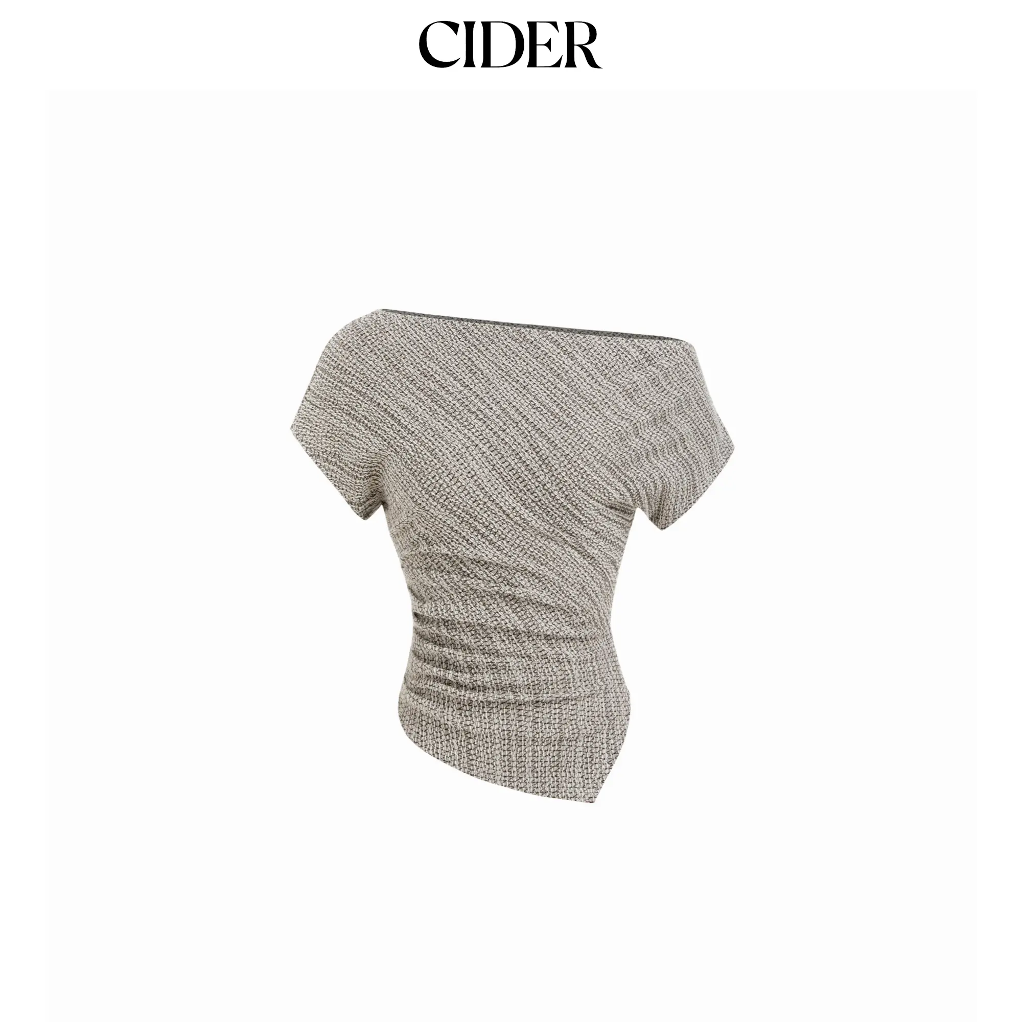 Cider Women's Cotton-Blend Asymmetrical Neck Short-Sleeve Slim-Fitting Stretch Knit Casual Basic Fashion Cutout Medium-Length Blouse with Elastane