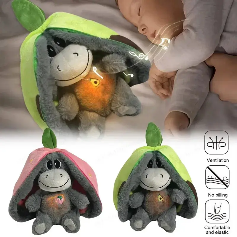 12.6inch Luminous Breathing Doll with Motion Lights Plush Breathing Stuffed Doll Strawberry Donkey Baby Sleeping Toys Plush Doll