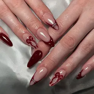 24pcs Almond French Press-On Nails, Bow Design, Glossy Finish, Medium Length, Perfect for Women Parties and Daily Wear