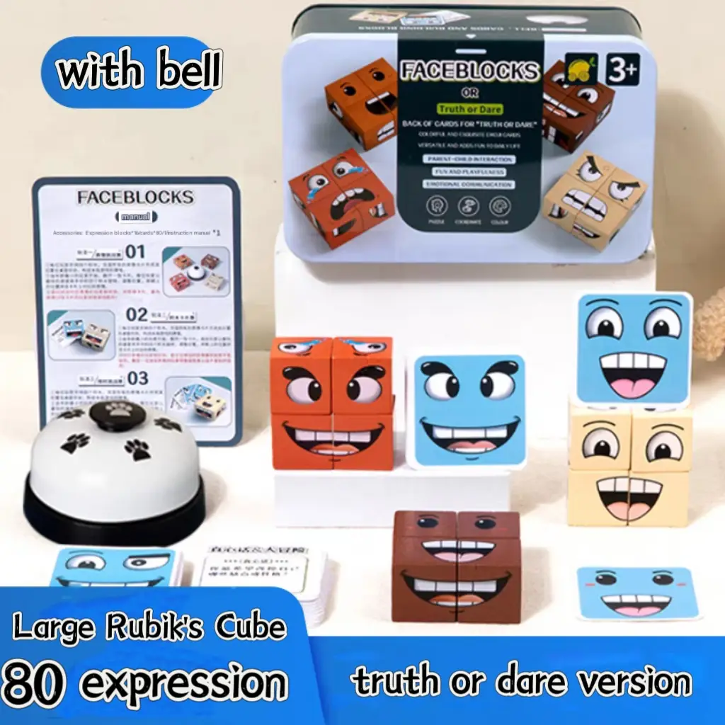 Face-Changing Cube Building Blocks Wooden Expressions Matching Block Puzzle Games Board Games for Family Night