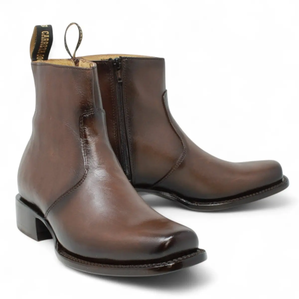 Men’s Genuine Leather Ankle Boots – Brown Square Toe Western Zip Boots-LC266