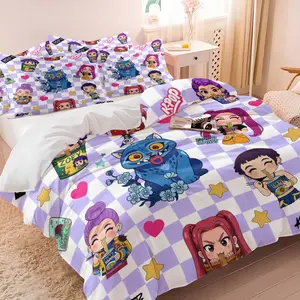 Cute K-pop Chibi Character Duvet Cover Set, 1 Duvet Cover + 1/2 Pillowcases, No Core, Kawaii Checkerboard Print with Hearts & Stars, Soft Cozy Breathable Bedding for Teens Bedroom and Dorm Use