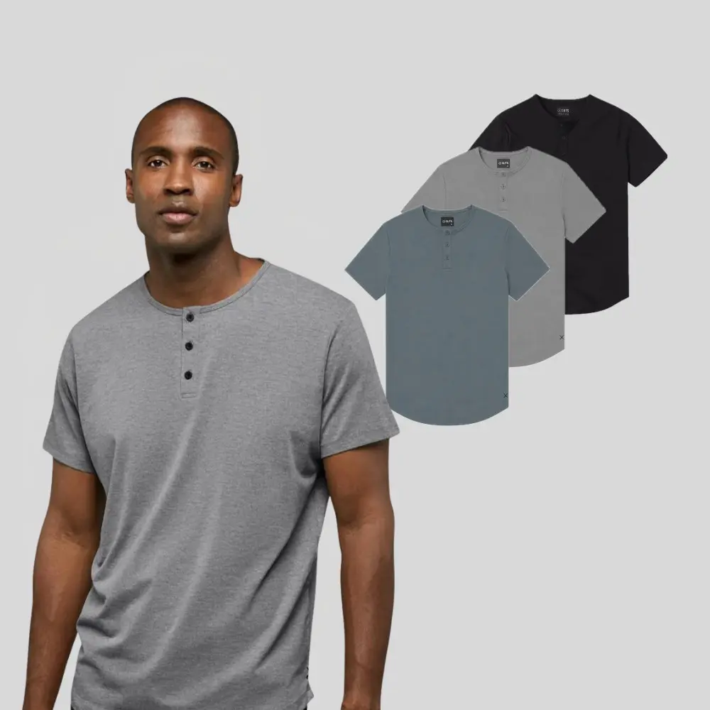 Cuts | Men's AO Fitted Henley Shirt with Curve Hem | Anti-Odor Polyester Cotton Blend | Wrinkle Resistant Stretch Cuts | Men's AO Fitted Henley Shirt with Curve Hem | Anti-Odor Polyester Cotton Blend | Wrinkle Resistant Stretch