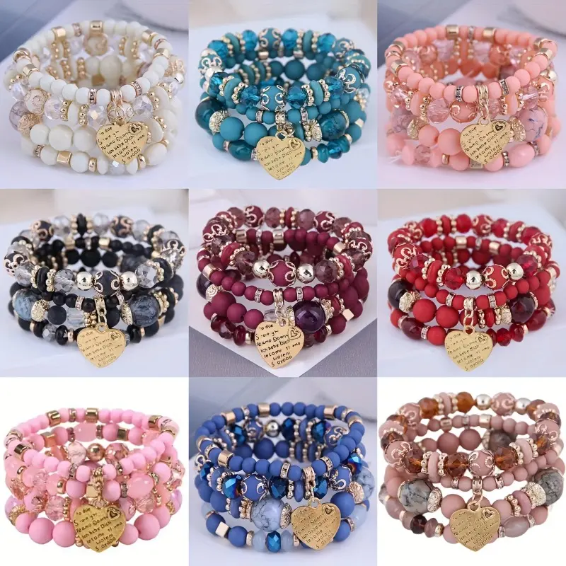 16/40Pcs Bohemian Chic Valentine'S Day Theme Resin Bead Bracelets With Heart Pendant For Women, Assorted Elastic Stackable Fashion Jewelry, Perfect Gift For Girlfriend, Holiday Party Occasion Wear, Beaded Bracelets, Matching Heart Bracelets