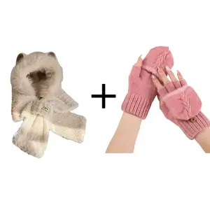 3 Combinations - Hat Scarf Gloves, Thickened Solid Color Winter Hat, Faux Fur Plush, Hijab Warm Elastic Thick Neck Warm Hat, Cartoon Cat Ears, Fluffy Plush Women's Hat, Autumn and Winter Fashion, Plush Warm Hat Scarf Set, Riding Thickened Cold Ear Cap