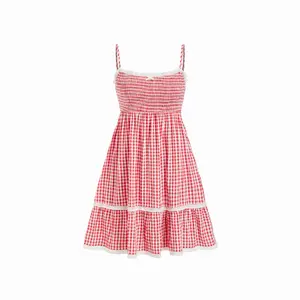 Cider Gingham Square Neck Shirred Tiered Ruffle Hem Mini Dress