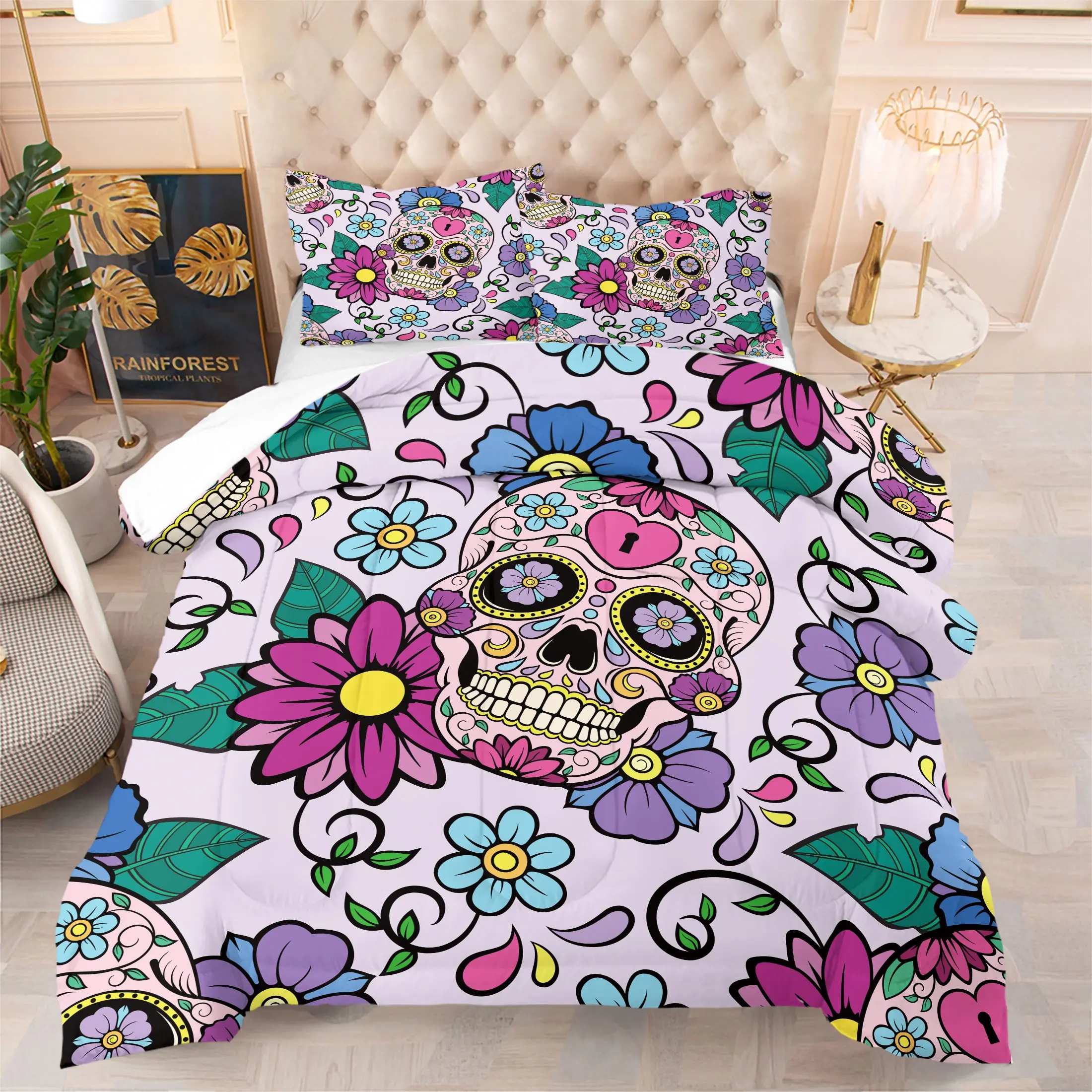 Sugar Skull Floral Comforter Set, Multiple Sizes Available Soft Microfiber All Season Bedding Set Cute Pastel Day of the Dead Print, for Bedroom Dorm Room Teens Girls Gothic Decor Home Decor Gift