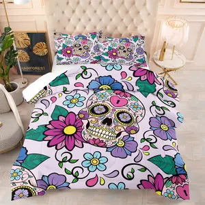 Sugar Skull Floral Comforter Set, Multiple Sizes Available Soft Microfiber All Season Bedding Set Cute Pastel Day of the Dead Print, for Bedroom Dorm Room Teens Girls Gothic Decor Home Decor Gift