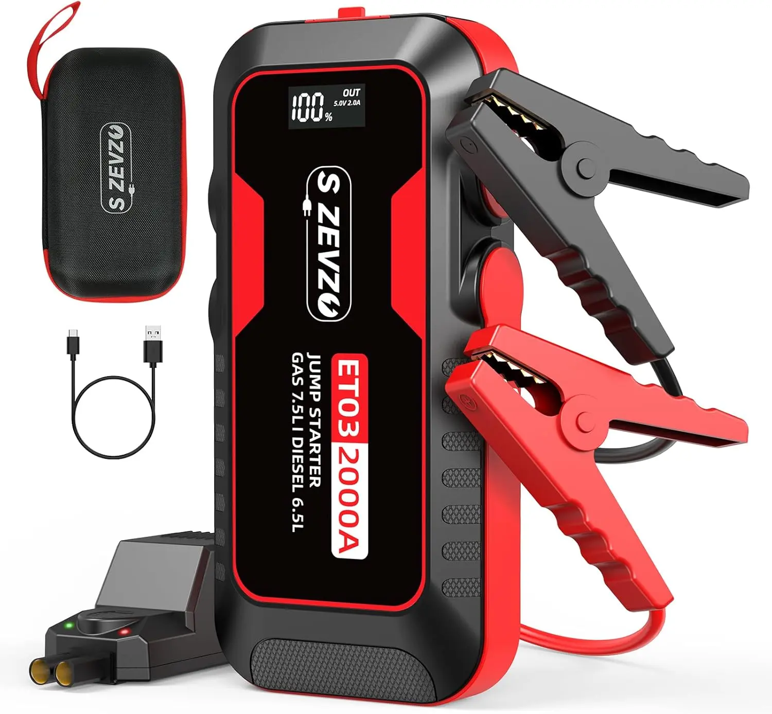 ZEVZO ET03 2000A Car Jump Starter for 7.5L Gas and 6.5L Diesel Engines | 59.2Wh Portable 12V Jump Box with USB Charging Ports, LCD Display, LED Light, Smart Jumper Clamps, and Storage Case
